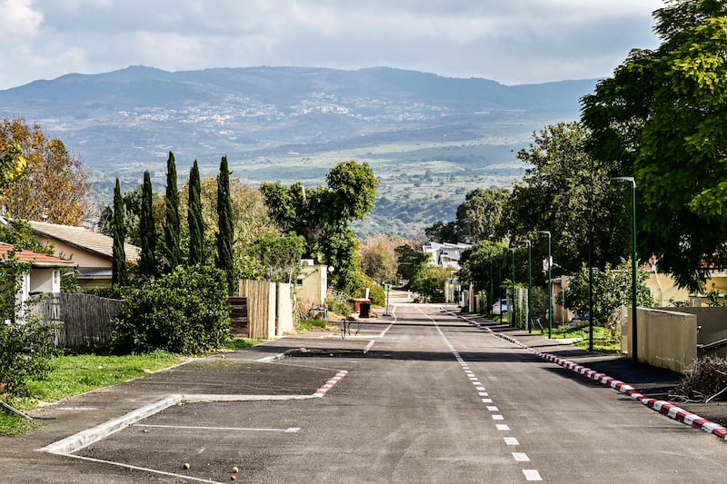 An empty street in the evacuated Kibbutz Dafna in northern Israel, about a kilometre away from the border with Lebanon, on January 4th. Photograph: Alberto Pizzoli/AFP/Getty