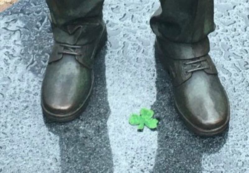 A shamrock was placed at the feet of the statue of Jack Charlton in Ashington. Photograph: Bill Corcoran