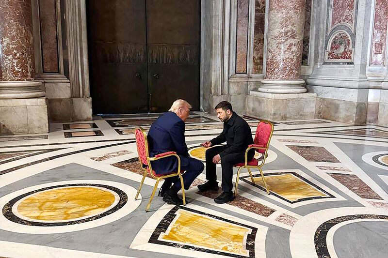Donald Trump and Volodymyr Zelenskiy met before the funeral and spoke about the war in Ukraine. Photograph: Getty Images
