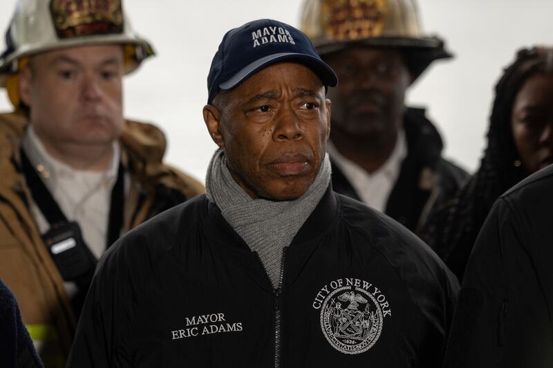 New York City Mayor Eric Adams attends a press conference at Pier 40, where a helicopter went down in the Hudson River (Yuki Iwamura/AP)