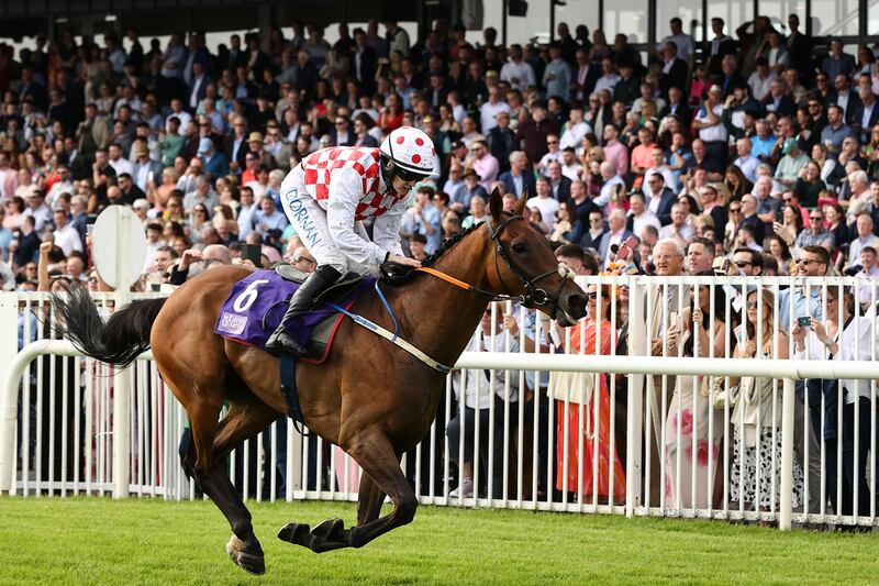 Rachael Blackmore wins the Latin Quarter Beginners Chase on Thecompanysergeant at Ballybrit, Galway. Photograph: Ben Brady/Inpho
