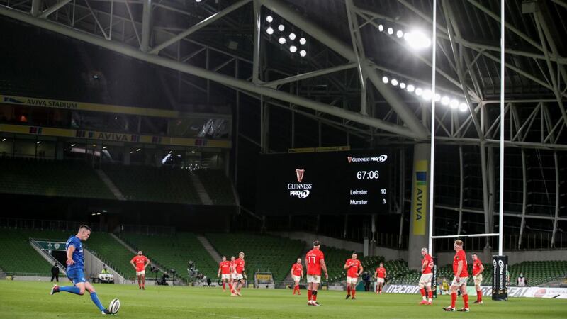 Johnny Sexton scores a penalty at an empty Aviva Stadium during Leinster’s win over Munster. Photograph: Dan Sheridan/Inpho