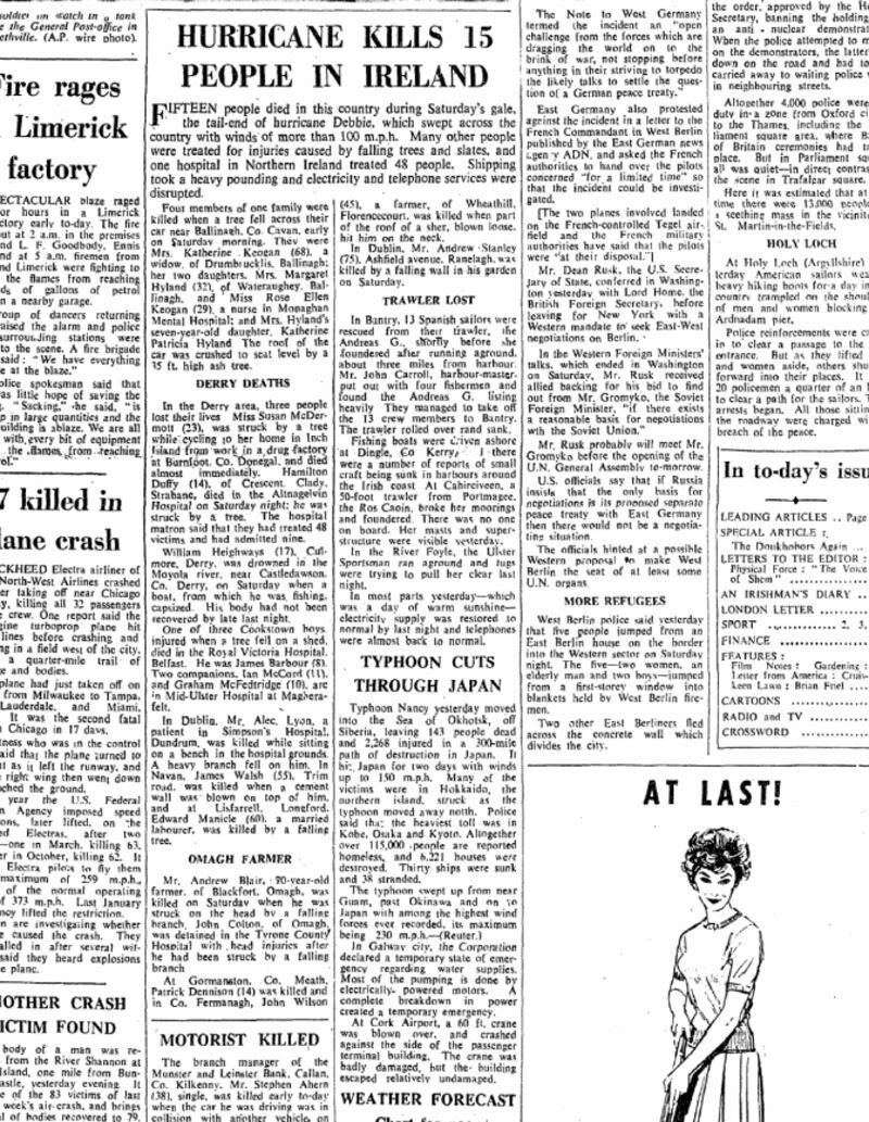 The most destructive storm in recorded Irish history was Hurricane Debbie which hit Ireland on September 16th, 1961 will 18 people across the island of Ireland. This is The Irish Times front page from September 18th (the storm happened on a Saturday and there was no Sunday paper). 