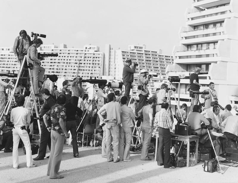 Photographers gather after the Munich massacre, during the 1972 Olympic Games in Munich, West Germany, September 1972. Eleven members of the Israeli Olympic team were taken hostage and killed by the Palestinian group Black September. Photograph: Keystone/Hulton Archive/Getty Images