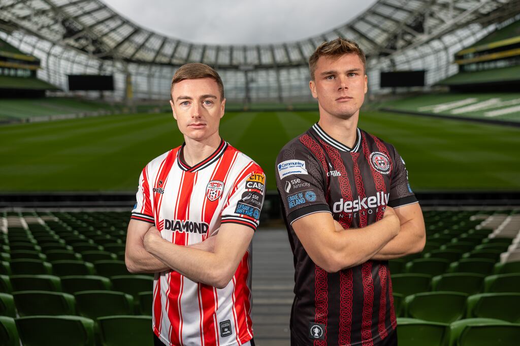 Derry City’s Daniel Kelly and Bohemians’ Leigh Kavanagh: the sides face each other in the FAI Cup semi-final tonight. Photograph: Morgan Treacy/Inpho