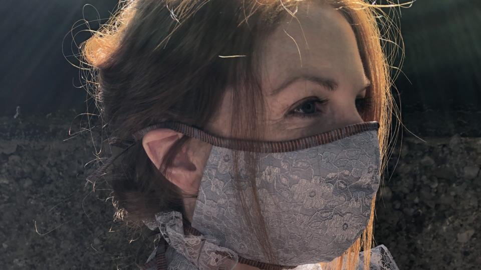 Grey silk and lace face covering by Natalie B Coleman.