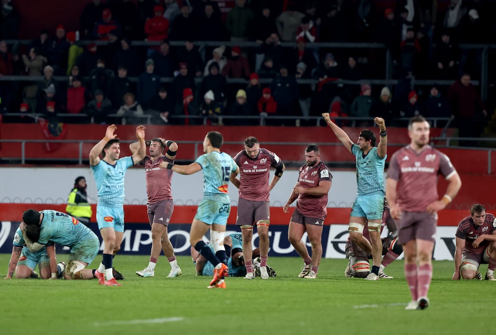 Castres' players celebrate at the final whistle after beating Munster at Thomond Park. Photograph: Damien Eagers/PA