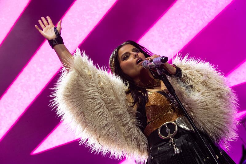 Rain couldn't stop fans flocking to see Nelly Furtado perform on the main stage on the last night of All Together Now. Photograph: Kieran Frost/Redferns