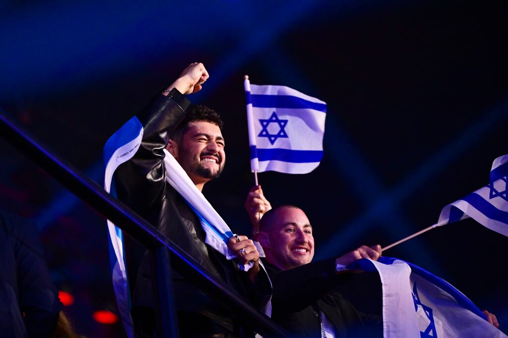 Noam Bettan representing Israel celebrates during the first semi-final of the Eurovision Song Contest 2026 at Wiener Stadthalle on May 12, 2026 in Vienna, Austria. Photo by Christian Bruna/Getty Images