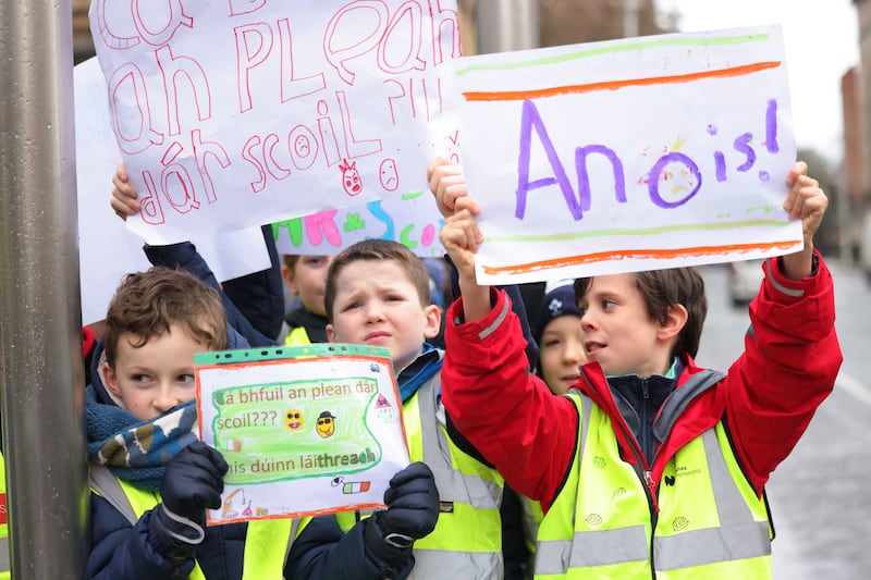 Pupils from five Gaelscoileanna in Dublin 2, 4, 6 and 8 outside Leinster House calling on the Minister for Education and Youth Hildegarde Naughton to deliver on a promised Gaelcholáiste. Photograph: Alan Betson/The Irish Times

