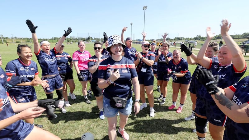 GAA World Games: Dairy Girls coaches Emer Bursaw, Colette Lawlor and Louise Burns with members of their team. Photograph: Alan Betson