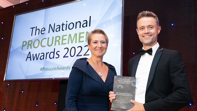 Ingrid De Doncker, Awards Judge, presents the Best Procurement External Collaboration Project of the Year award to Simon Whatson, Permanent TSB & Efficio.
