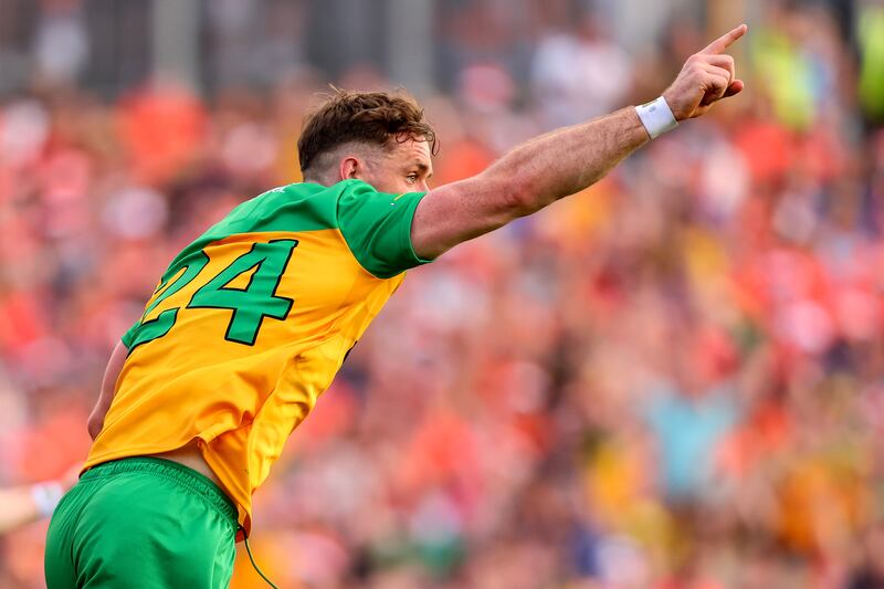 Donegal's Hugh McFadden celebrates after scoring a goal. Photograph: Ben Brady/Inpho