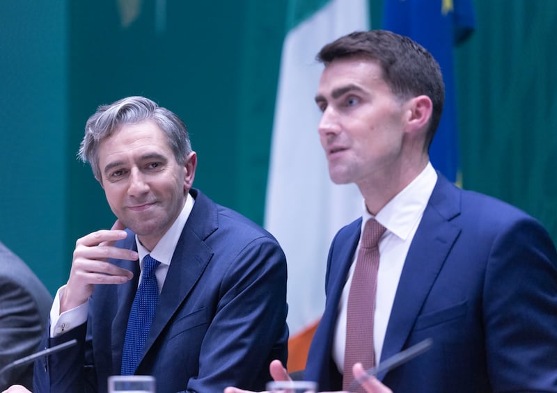 Minister for Finance Simon Harris and Minister for Public Expenditure Jack Chambers announcing details of Budget 2027 on Tuesday. Photograph: Sam Boal/Collins Photos 


