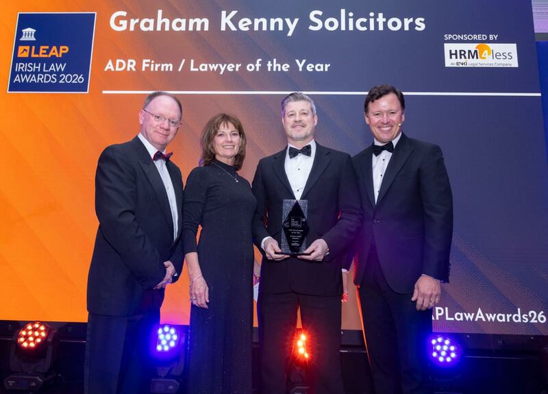 Richard Hammond, solicitor and partner at Hammond Good and chair of the judging panel of the Leap Irish Law Awards; Carmel Nielsen, business development manager at HRM4less; Graham Kenny, principal solicitor at Graham Kenny Solicitors; and Anton Savage, MC of the night. Photograph: Paul Sherwood