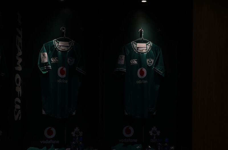 A view of Ireland jerseys in the changing room ahead of their Six Nations clash with Scotland. Photograph: Dan Sheridan/Inpho
