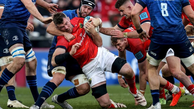 Munster’s Peter O’Mahony is tackled by Leinster’s Caelan Doris. When your captain is reduced to waiting in the wider channels for a ball and when it eventually comes, he needs to chip it through, something isn’t firing correctly. Photograph: Dan Sheridan/Inpho