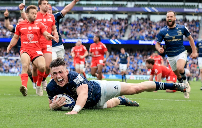 Leinster’s Dan Sheehan celebrates his try against Toulouse. Photograph: Dan Sheridan/Inpho