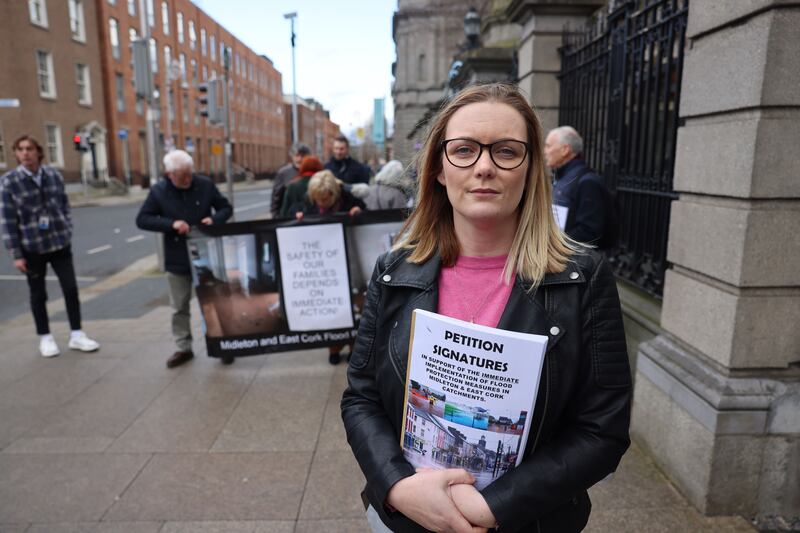 Caroline Leahy with Midleton and East Cork Flood Protection Group at Leinster House to present petition highlighting concerns about lack of urgency in providing measures to protect against future flooding. Photograph: Dara Mac Dónaill 