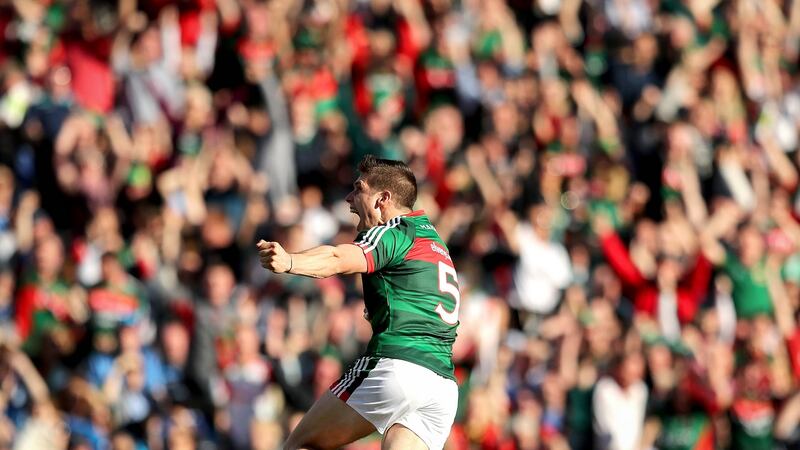 Lee Keegan celebrates scoring for Mayo in the All-Ireland final against Dublin. Photograph: Ryan Byrne/Inpho