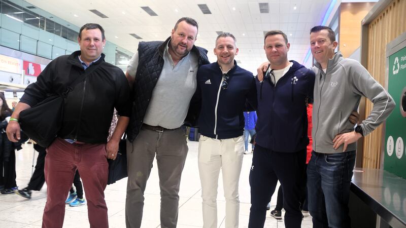 from left to right: PJ O'Loughlin, JP O'Brien, Michael O'Donovan, John O'Loughlin and Vinny Darcy all from Kilkenny travelling to Paris from Dublin Airport to the match.