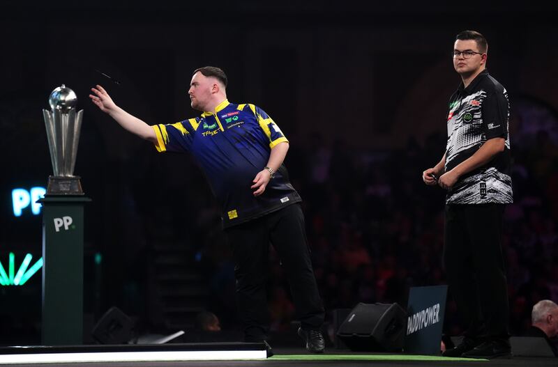 Luke Littler in action against Gian van Veen at the Alexandra Palace. Photograph: John Walton/PA
