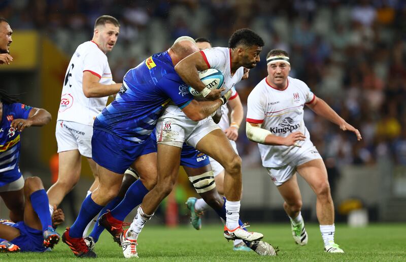 Ulster's Robert Baloucoune is tackled by the Stormers' Brok Harris during the URC game on Sunday. Photograph: Steve Haag Sports/EJ Langner/Inpho