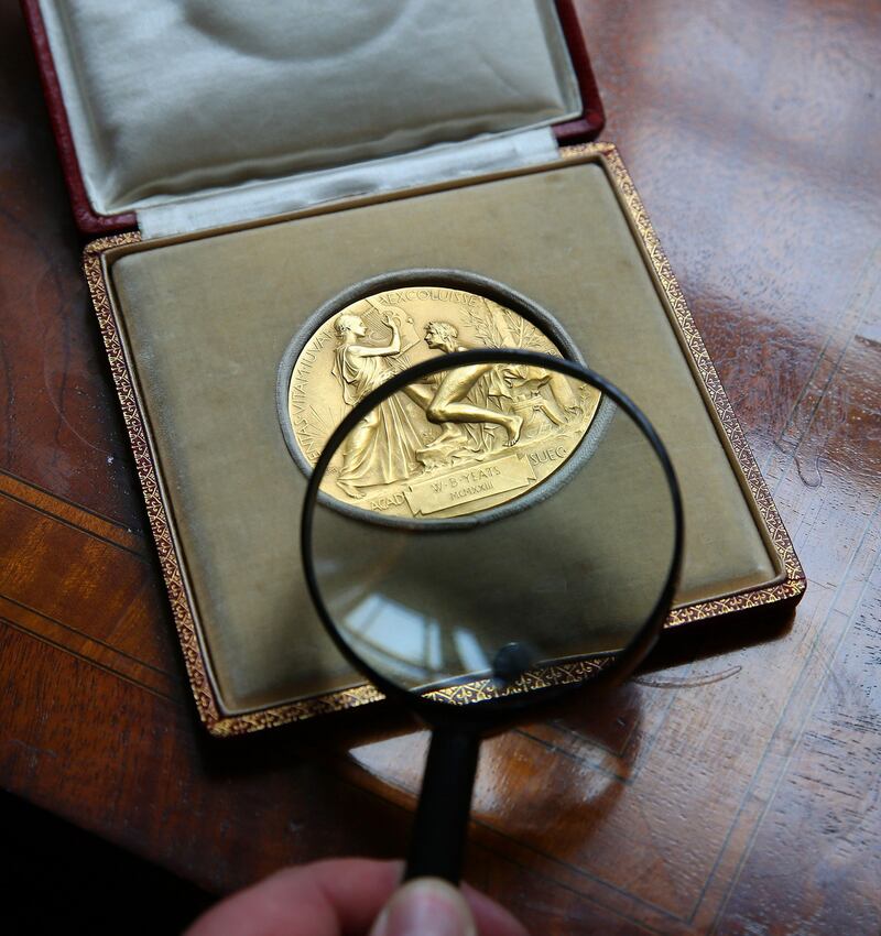 The medal awarded to WB Yeats upon winning the 1923 Nobel Prize in Literature on display at the National Library of Ireland. Photograph: Marc O'Sullivan