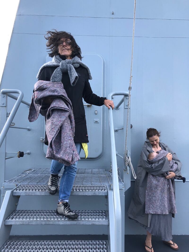 Artist Dorothy Cross and singer Lisa Hannigan on location of the LE William Butler Yeats filming Heartship, a new project to be presented by Sounds from a Safe Harbour festival, Cork, coming September 14th. Photograph:  Mary Hickson