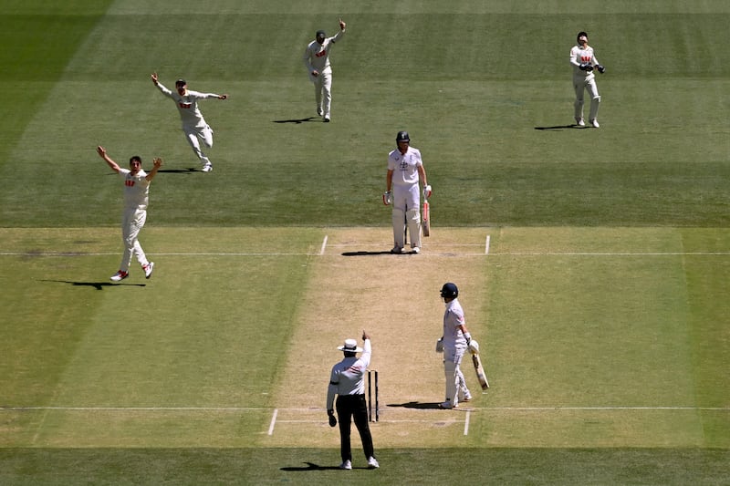 Australian bowler Pat Cummins celebrates dismissing England batter Zak Crawley on the second day of the third Ashes Test. Photograph: William West/AFP via Getty Images
