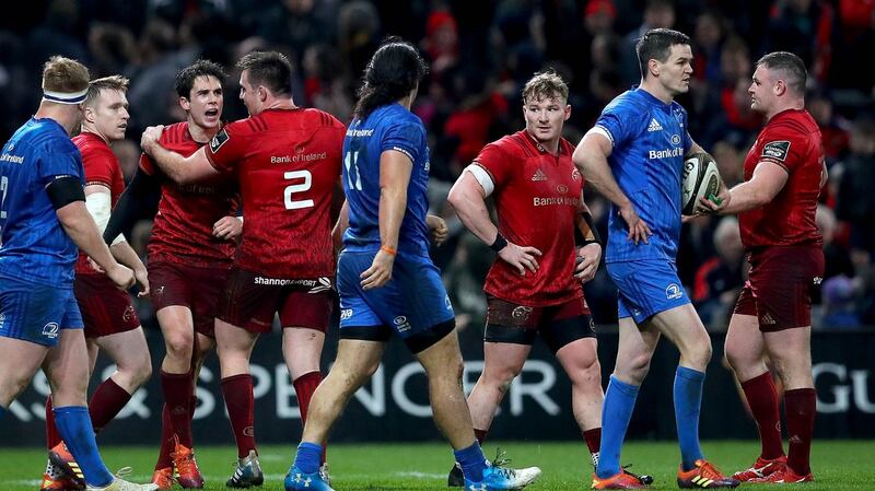 Tempers flare during the first-half of Munster’s win over Leinster at Thomond Park. Photograph: Ryan Byrne/Inpho