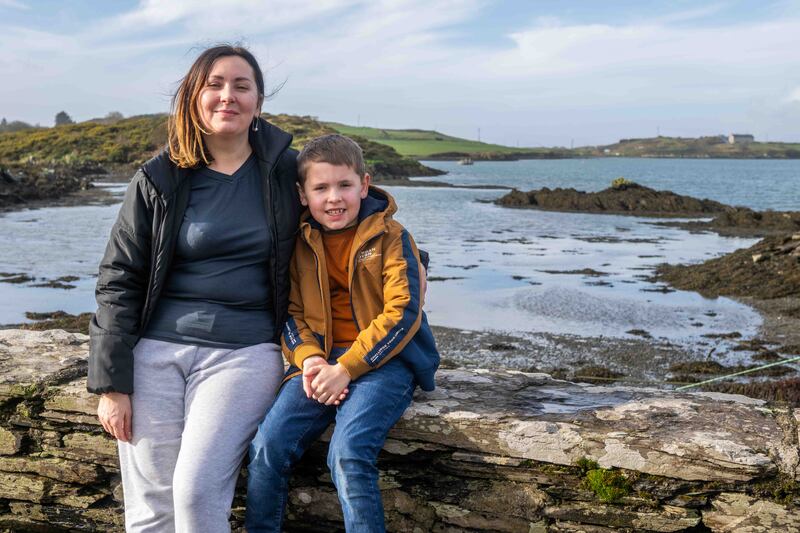 Refugees Nina Mytrofanova and her seven-year-old son Yaroslav on Sherkin Island. Photograph: Andy Gibson