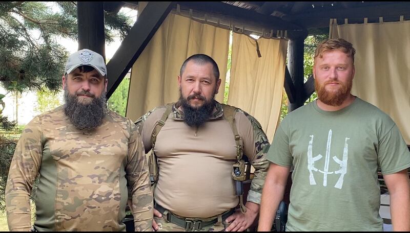 Serhiy, a soldier from the 67th mechanised brigade and his officers, Oleksandr Sashko and Mykyta. Photograph: Lara Marlowe