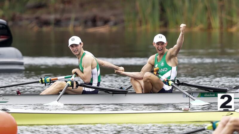 Ireland’s Gary and Paul O’Donovan celebrate winning silver. Photo: Morgan Treacy/Inpho