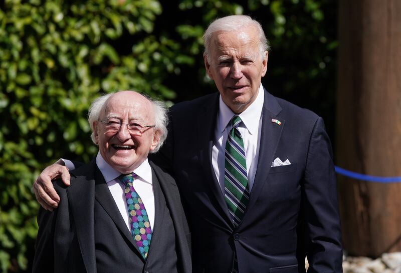 President Michael D Higgins and US president Joe Biden at Áras an Uachtaráin. Photograph: Brian Lawless/PA