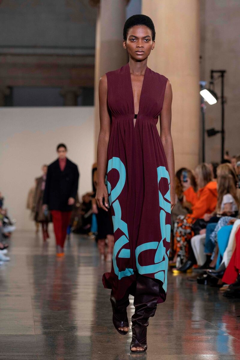 A model presents a creation from British designer Victoria Beckham on the  catwalk  in London. Photograph: Niklas Halle’n/AFP/Getty Images