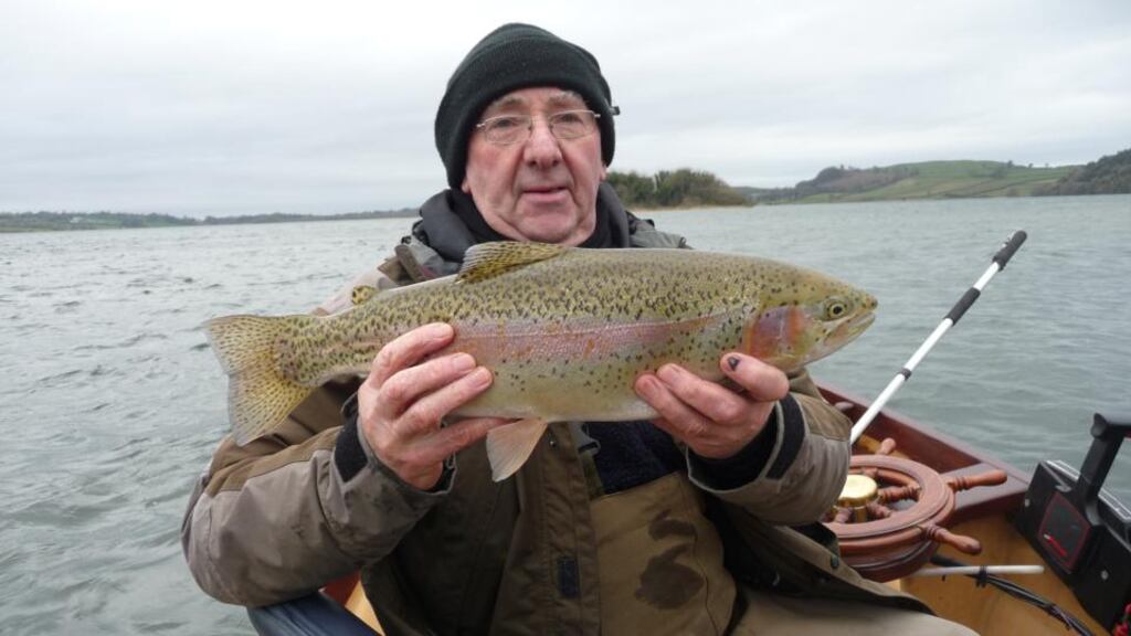 Ashbourne angler, Oliver McCormack with one of many splendid rainbow trout from Lough Lene on a black Humungus lure.