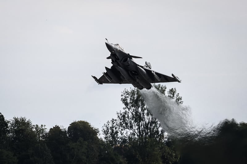 A French Rafale fighter jet takes off during a joint mission with Polish F16s at an air base in Minsk Mazowiecki on September 17th. Photograph: Thibaud Moritz/Getty Images