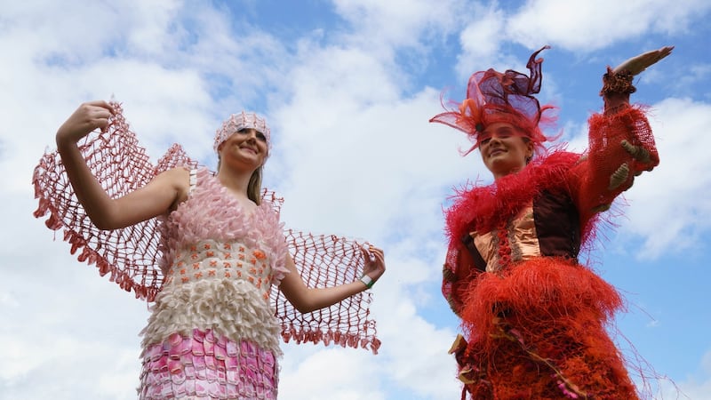 Charlotte Buckley and Laura Kirwin show off their junk couture at Kaleidoscope Festival in Russborough House. Photograph: Fran Veale