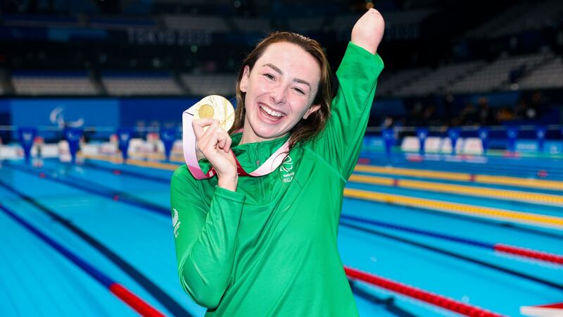 Ellen Keane celebrates winning a gold medal in the SB8 100m breaststroke at the Paralympics at the Tokyo Acquatic Centre in Japan in 2021. Photograph: Tommy Dickson/Inpho