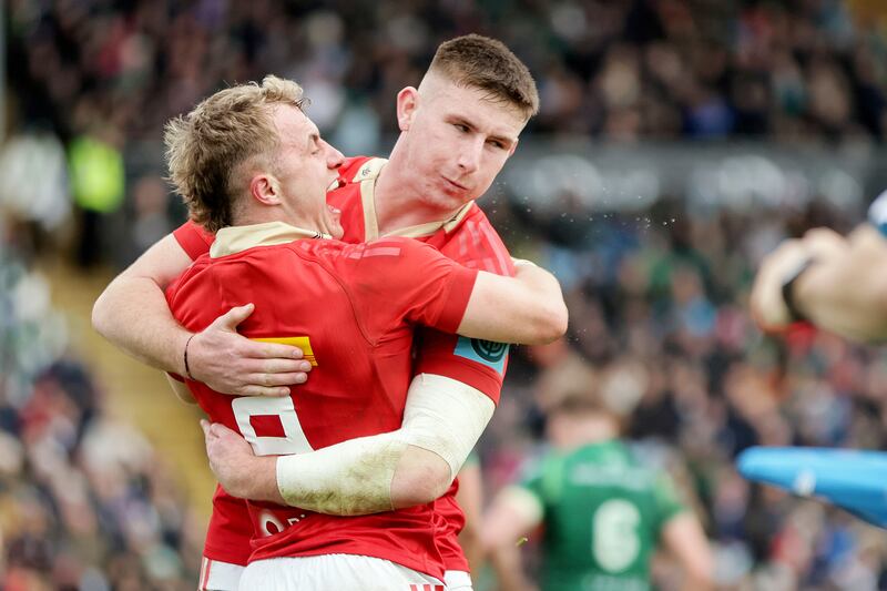 Munster's Craig Casey celebrates scoring a try with Ben O’Connor against Connacht last Saturday. Photograph: Laszlo Geczo/Inpho