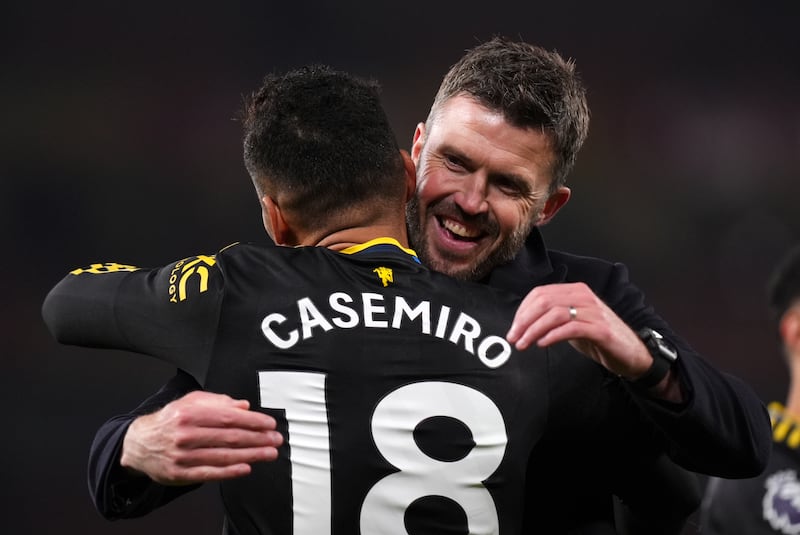 Michael Carrick celebrates with Casemiro after Manchester United's Premier League win over Arsenal in January. Photograph: Mike Egerton/PA