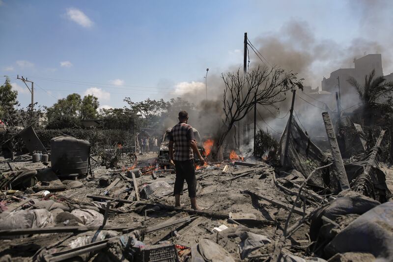 Aftermath of an Israeli raid in the Al-Mawasi area of Khan Yunis, southern Gaza Strip. Photograph: EPA
