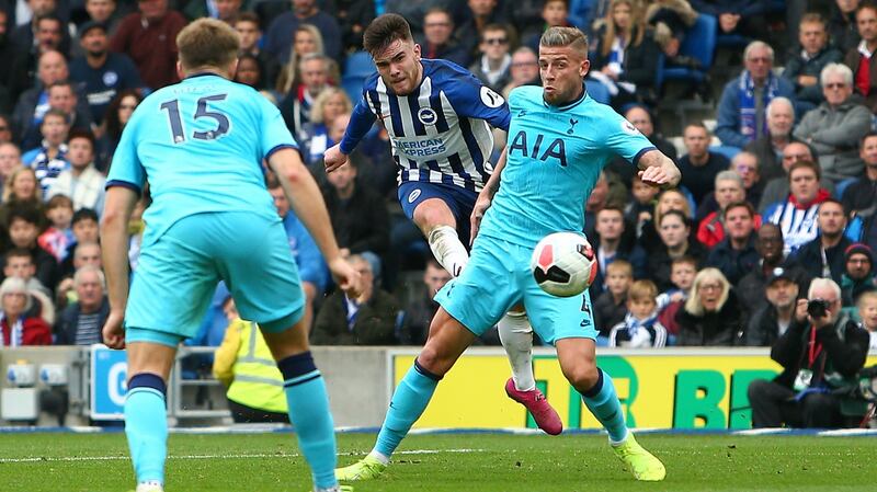 Aaron Connolly scores Brighton's third goal during the Premier League match against Tottenham Hotspur in October 2019. Photograph: Charlie Crowhurst/Getty Images