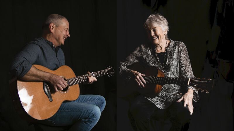 Peggy with her son Calum, with whom she is touring. Photograph: Vicky Sharpe Photography