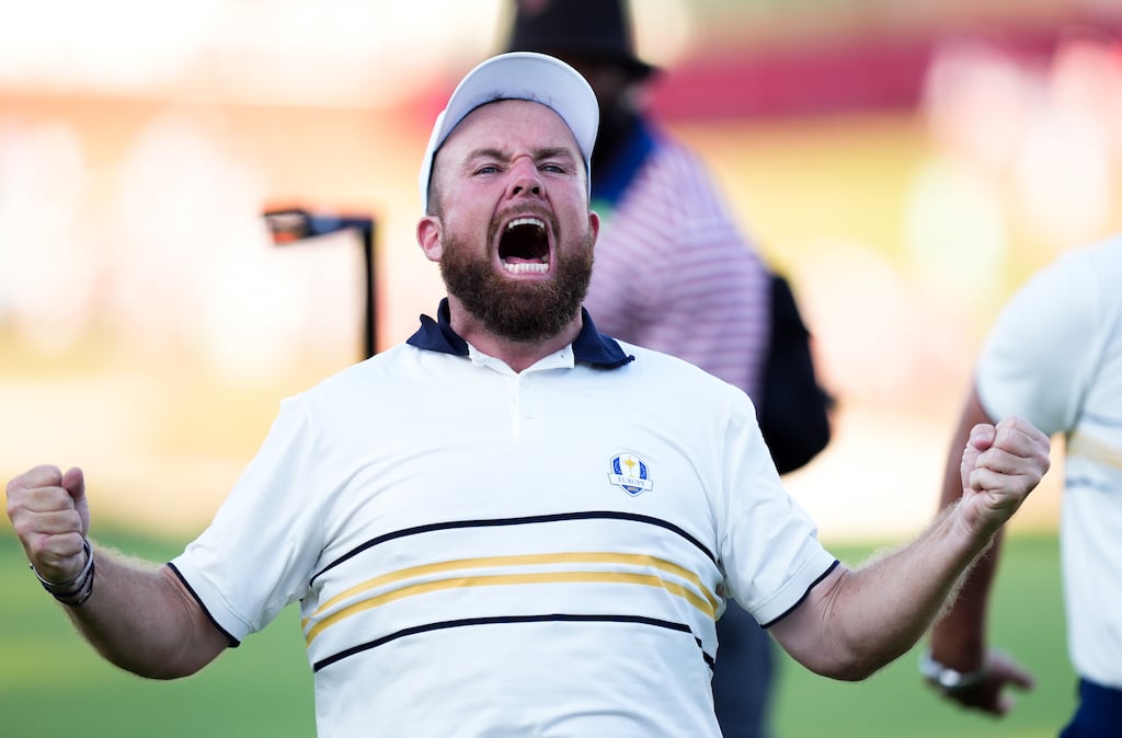 Shane Lowry celebrates a putt on the 18th green to retain the Ryder Cup. Photograph: Mike Egerton/PA Wire