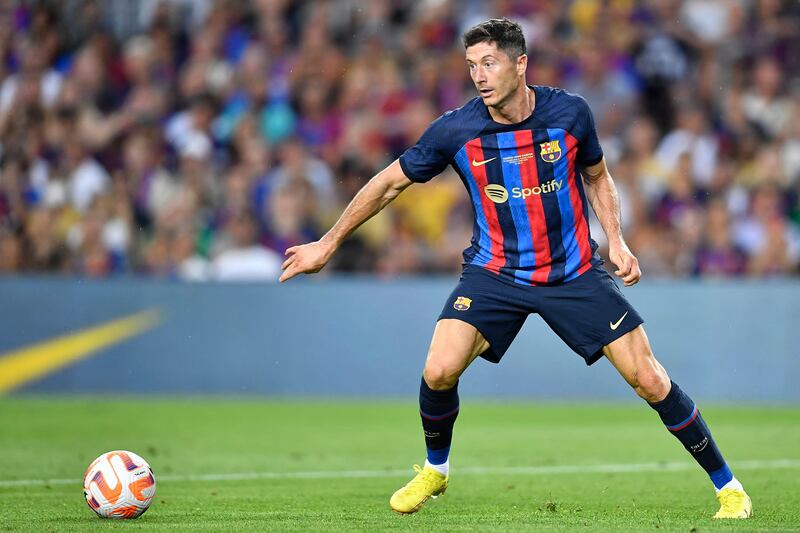 Robert Lewandowski in action during the Gamper Trophy friendly against Club Universidad Nacional Pumas at the Camp Nou. The arrival of the outstanding striker from Bayern was a signal of Barcelona's intent. Photograph: Paul Barrena/AFP via Getty Images