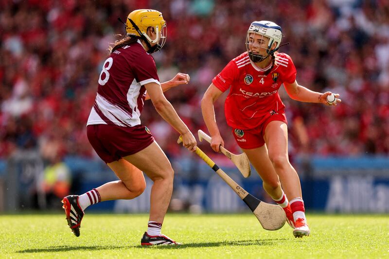Galway's Annmarie Starr challenges Cork's Meabh Cahalane. Photograph: Ben Brady/Inpho