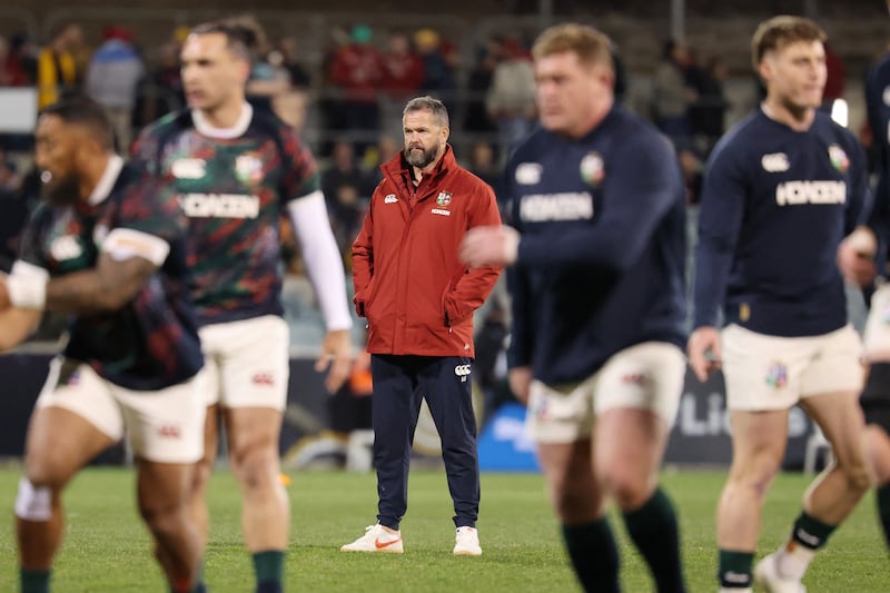 Andy Farrell watches on as the Lions warm up ahead of the game against the Brumbies. Photograph: David Gray/AFP via Getty Images     