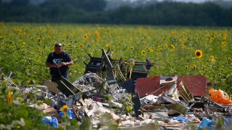 A Malaysian air crash investigator inspects the crash site of Malaysia Airlines Flight MH17. Photograph: Reuters